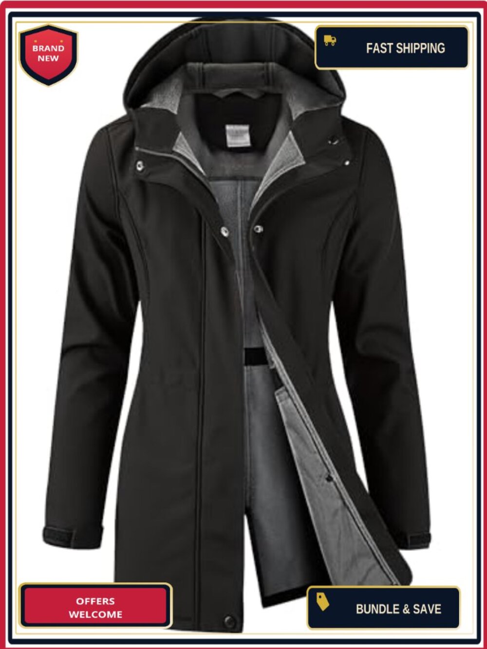 Waterproof Softshell Rain Jacket Fleece Lined Hood Long Coat